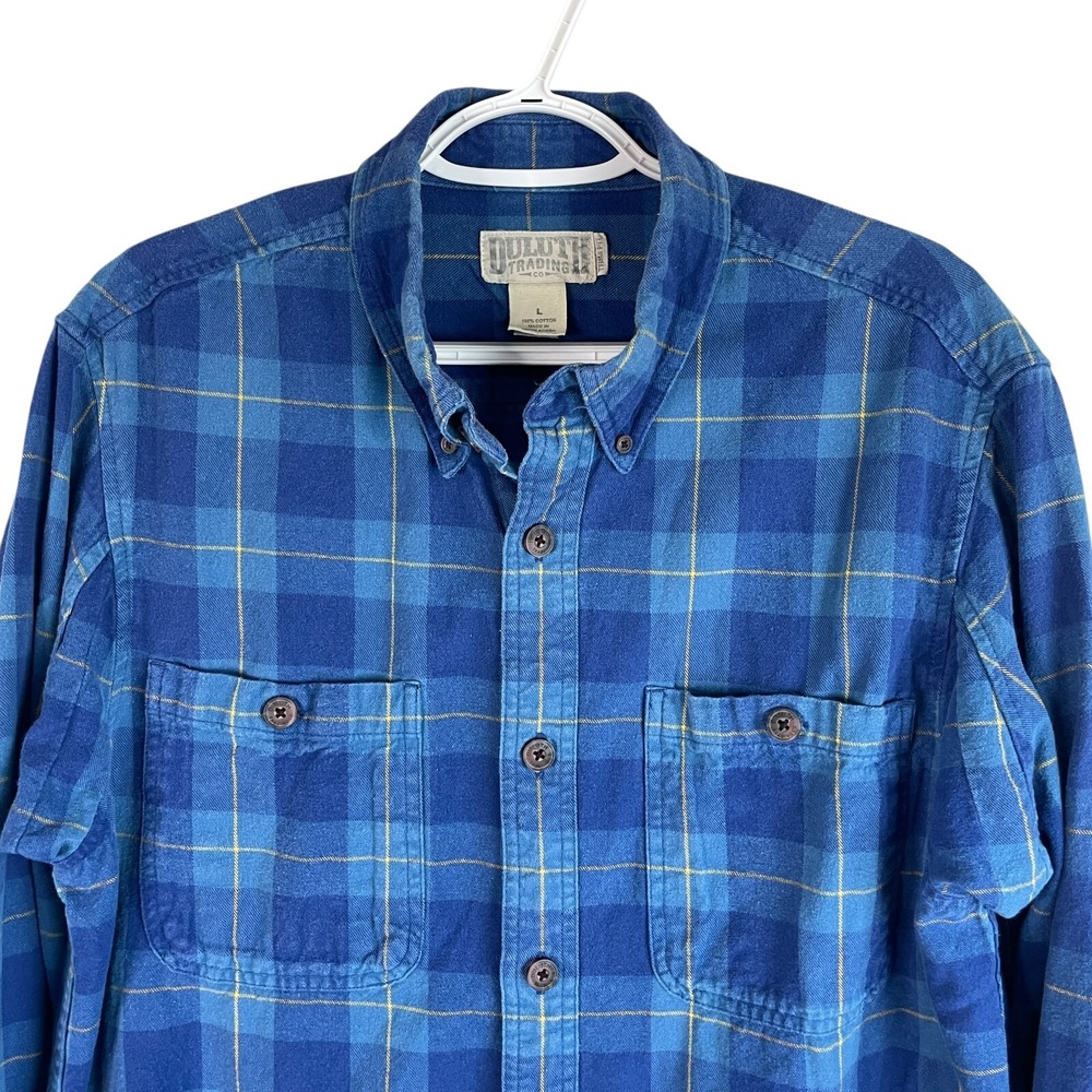 Duluth Mens Trim Fit Flannel Shirt L Blue Plaid Button Down Cotton L/S *read
